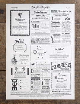 Drugulin-Anzeiger, heiteres Werbeblatt im Stile einer Zeitung der 1910er Jahre für die Offizin Haag-Drugulin, entworfen und hergestellt von Heike Schnotale, Officina Arcana Officina Arcana