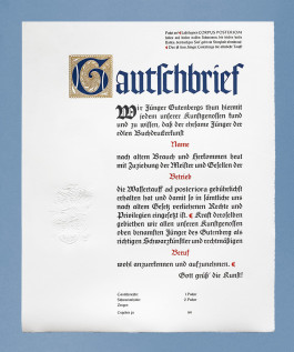 Gautschbrief aus der Offizin Haag-Drugulin, Entworfen und umgesetzt von Heike Schnotale, Officina Arcana Officina Arcana