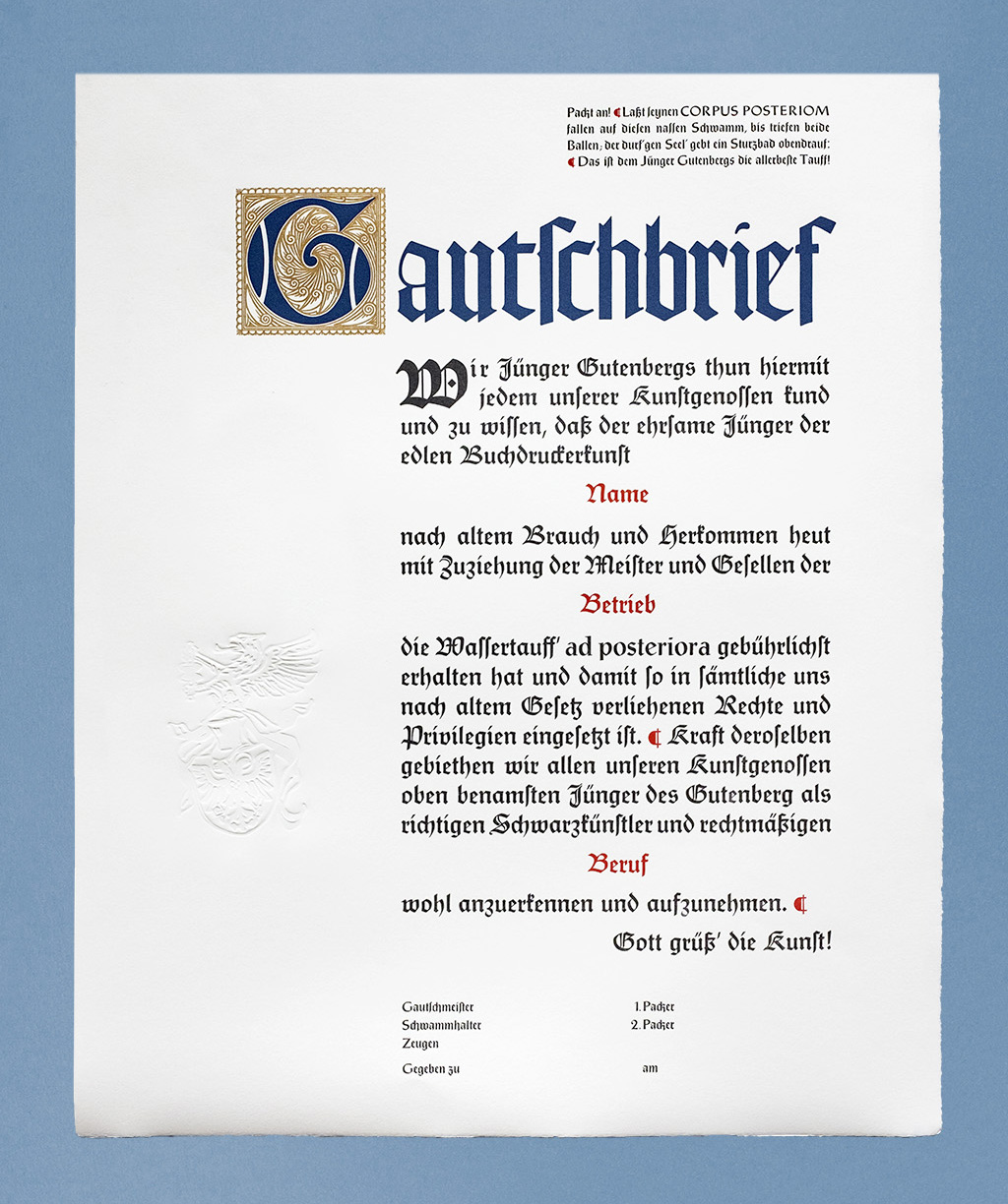 Gautschbrief aus der Offizin Haag-Drugulin, Entworfen und umgesetzt von Heike Schnotale, Officina Arcana Officina Arcana