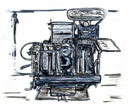 Werkstattzeichnung: Officina Arcana Heike Schnotale. Werkstatt für traditionellen und künstlerischen Bleisatz und Buchdruck in Pirna, Sachsen. Officina Arcana