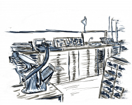 Werkstattzeichnung: Officina Arcana Heike Schnotale. Werkstatt für traditionellen und künstlerischen Bleisatz und Buchdruck in Pirna, Sachsen. Officina Arcana