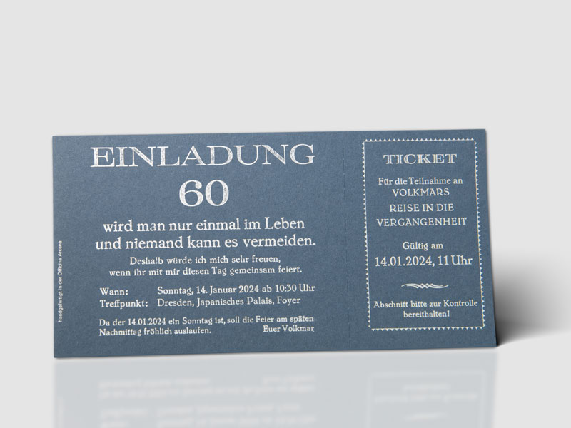 Bild des Kundenprojekts einer Einladungskarte der Officina Arcana in Pirna, Sachsen. Grafikdesign, Handsatz und Buchdruck Officina Arcana
